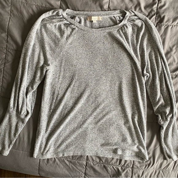 Loft Size Large Heather Gray Long Puff Sleeve Sweater; Soft; Ribbed Cuffs - Picture 3 of 7